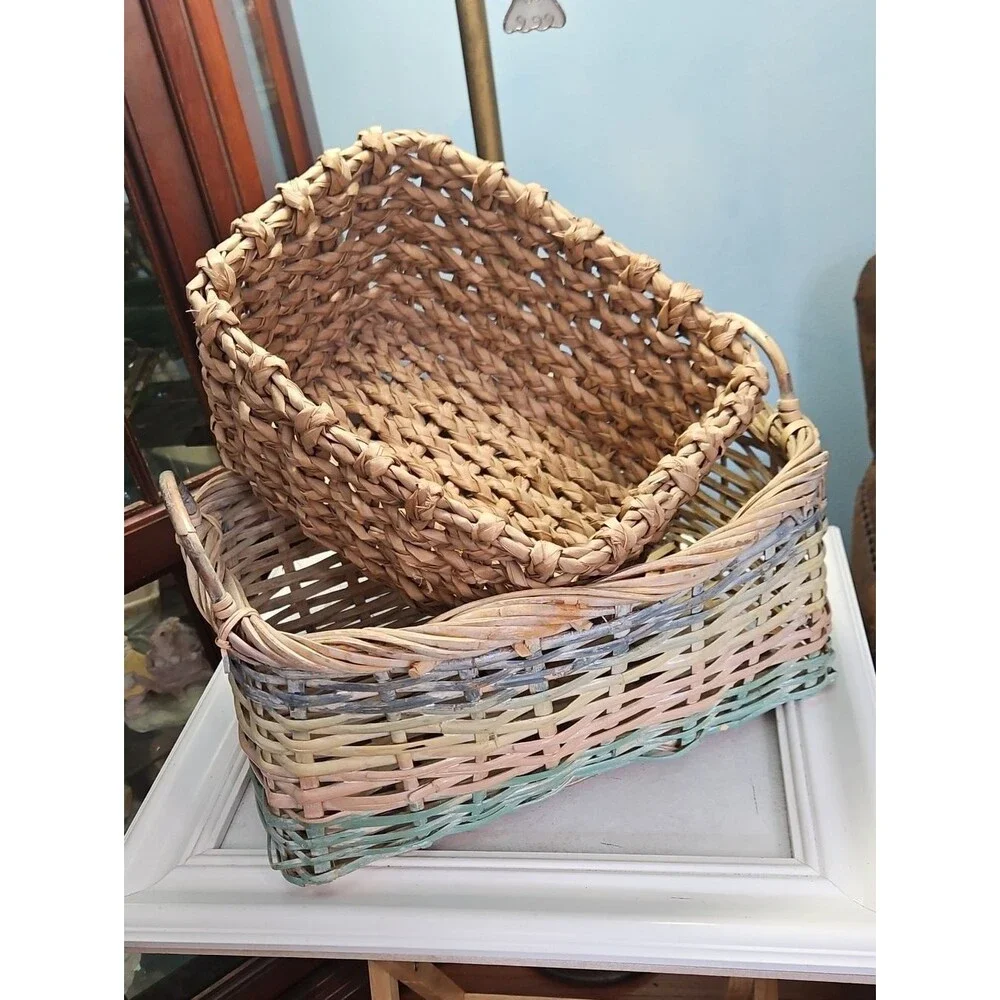 Woven Natural and Pastel Rectangular Storage Basket Set
